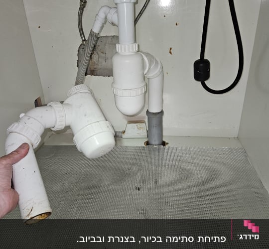 תמונה של צנרת מתחת לכיור עם יד מחזיקה חלק